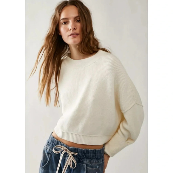 Free People Easy Street Crop Pullover Sweater Oversized Rib Crewneck Moonglow - Picture 3 of 13